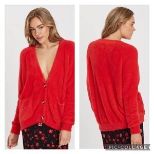 Charlie Holiday Anthropologie Red Fuzzy Cardigan NWOTs